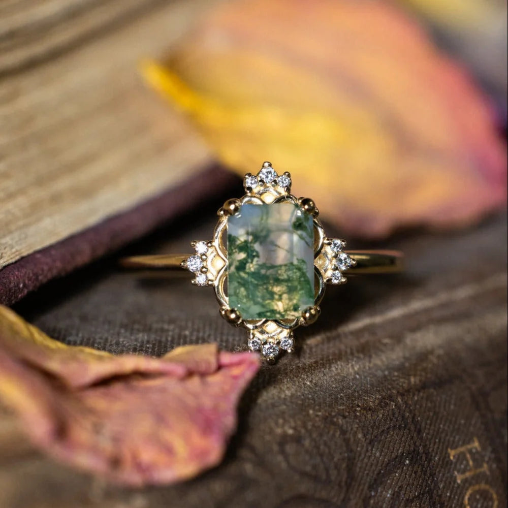 "Treva" - Oval Cut Moss Agate Engagement Ring With Diamond Accents - 14K Yellow Gold - Size 5