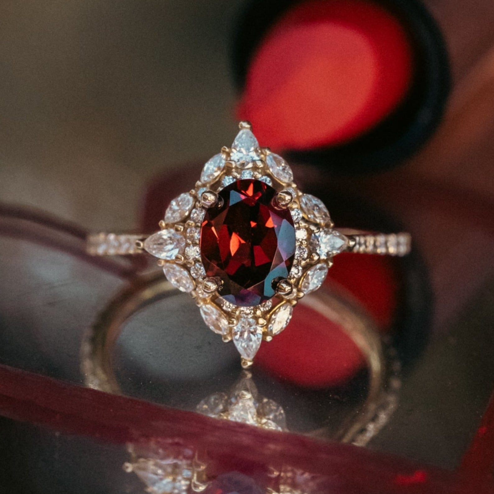 "North Star" - Oval Garnet Engagement Ring With Black Or White Diamond Halo & Accents-Staghead Designs