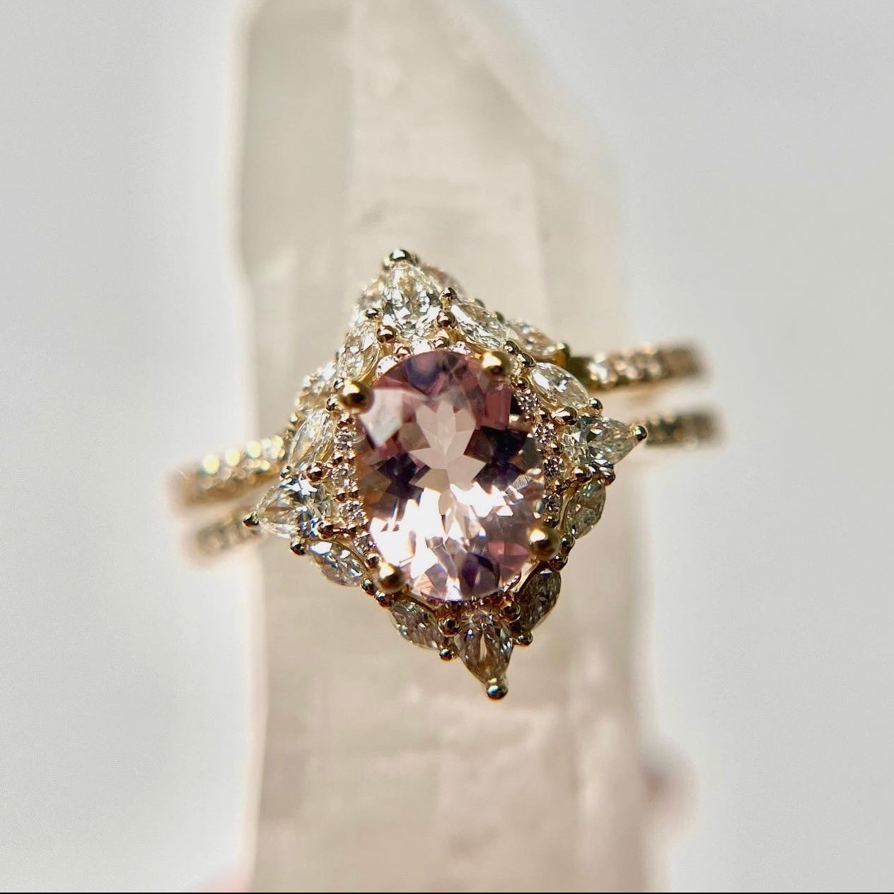 "North Star" - Oval Cut Morganite Engagement Ring With Diamond Halo & Accents