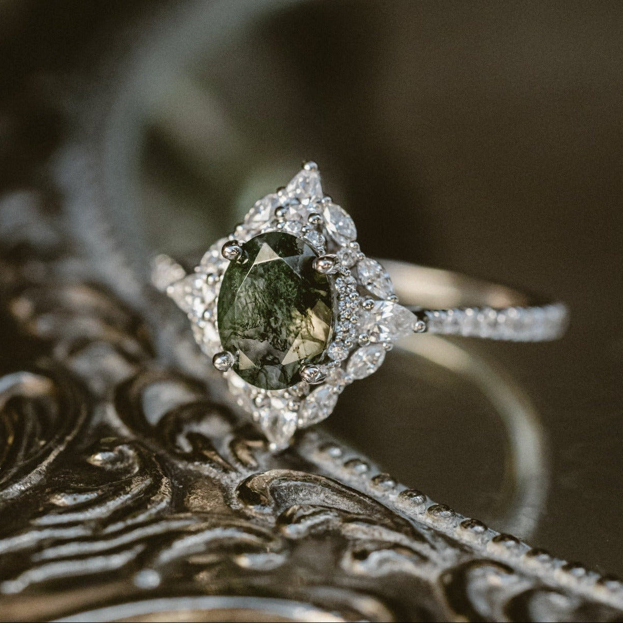 "NORTH STAR" - OVAL CUT MOSS AGATE ENGAGEMENT RING WITH DIAMONDS & A DIAMOND TRACER-Staghead Designs