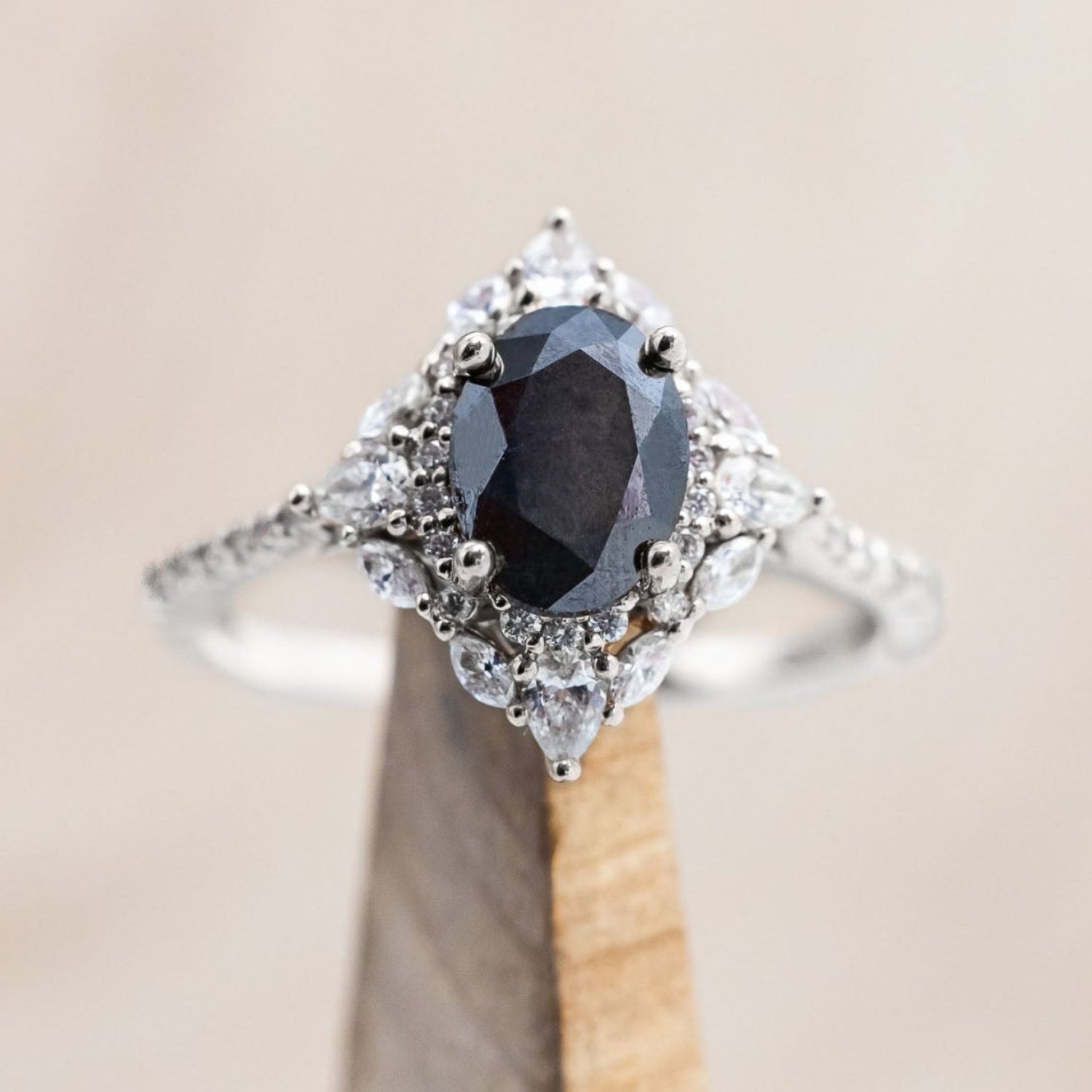 "NORTH STAR" - OVAL CUT ENGAGEMENT RING WITH DIAMOND HALO & ACCENTS-Staghead Designs