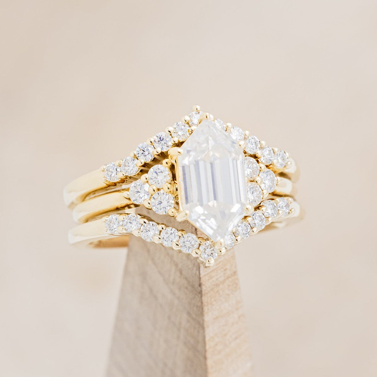 "OCTAVIA" - BRIDAL SUITE - ELONGATED HEXAGON MOISSANITE ENGAGEMENT RING WITH DIAMOND ACCENTS & TRACER-1