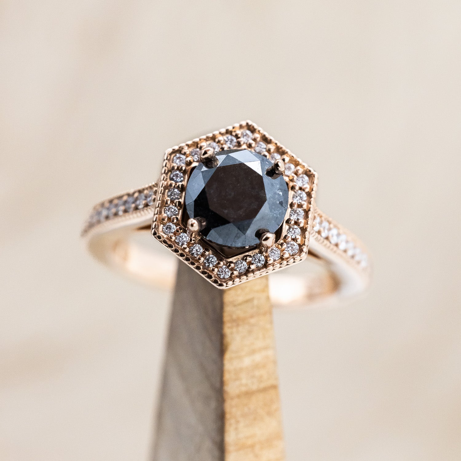 "ODESSA" - ROUND CUT SALT & PEPPER ENGAGEMENT RING WITH DIAMOND HALO & ACCENTS-Staghead Designs