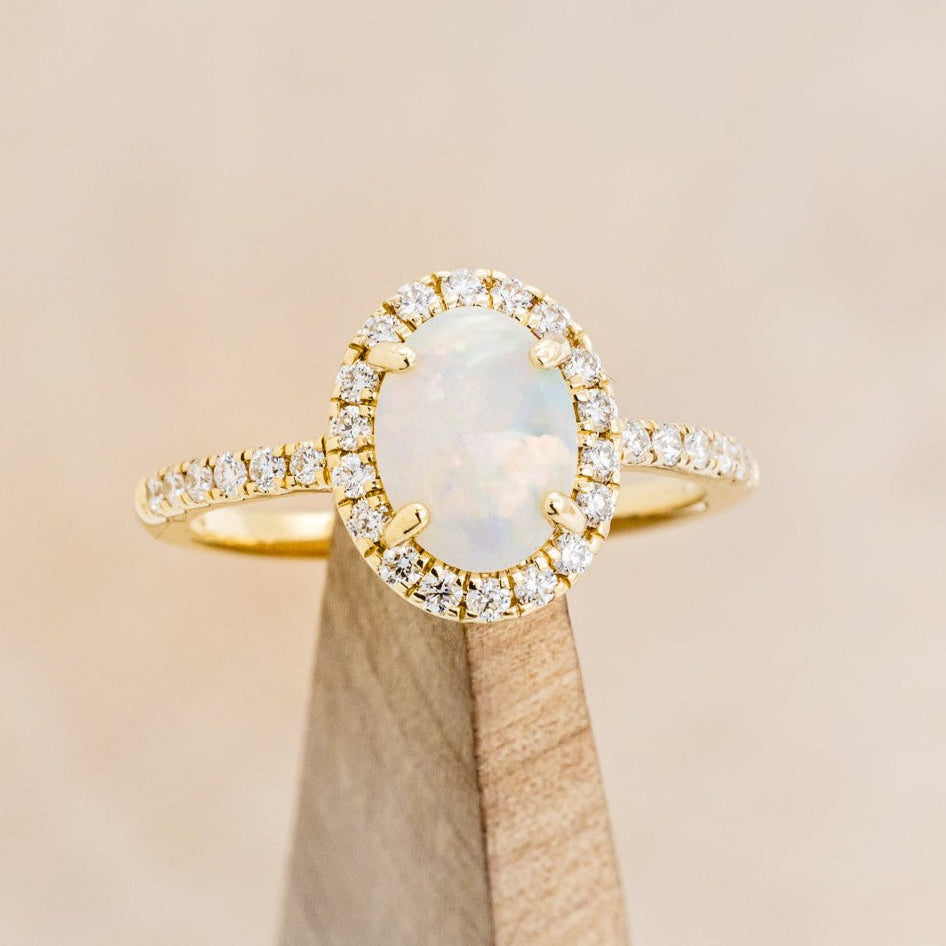"OLIVIA" - OVAL WHITE OPAL ENGAGEMENT RING WITH DIAMOND HALO & ACCENTS-1