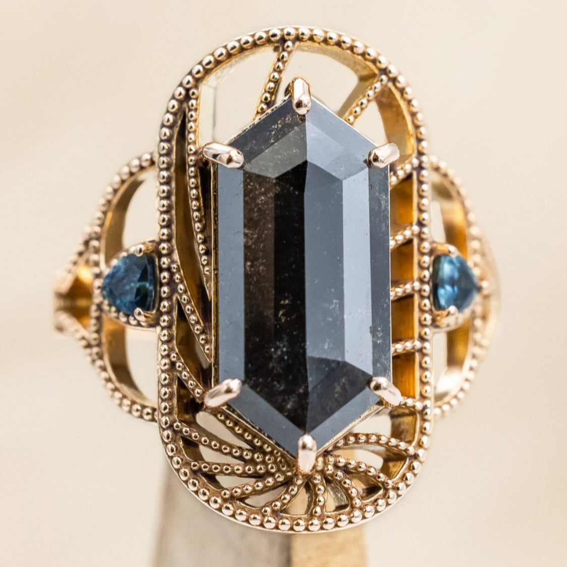 ONE-OF-A-KIND - ELONGATED HEXAGON ROSE CUT SALT & PEPPER DIAMOND ENGAGEMENT RING WITH AUSTRALIAN SAPPHIRE ACCENTS-Staghead Designs