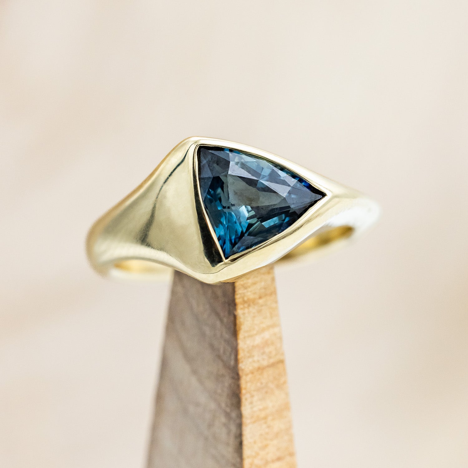 ONE-OF-A-KIND - "KATLAN" - HAND CARVED BEZEL SET TRILLION BLUE SAPPHIRE-Staghead Designs