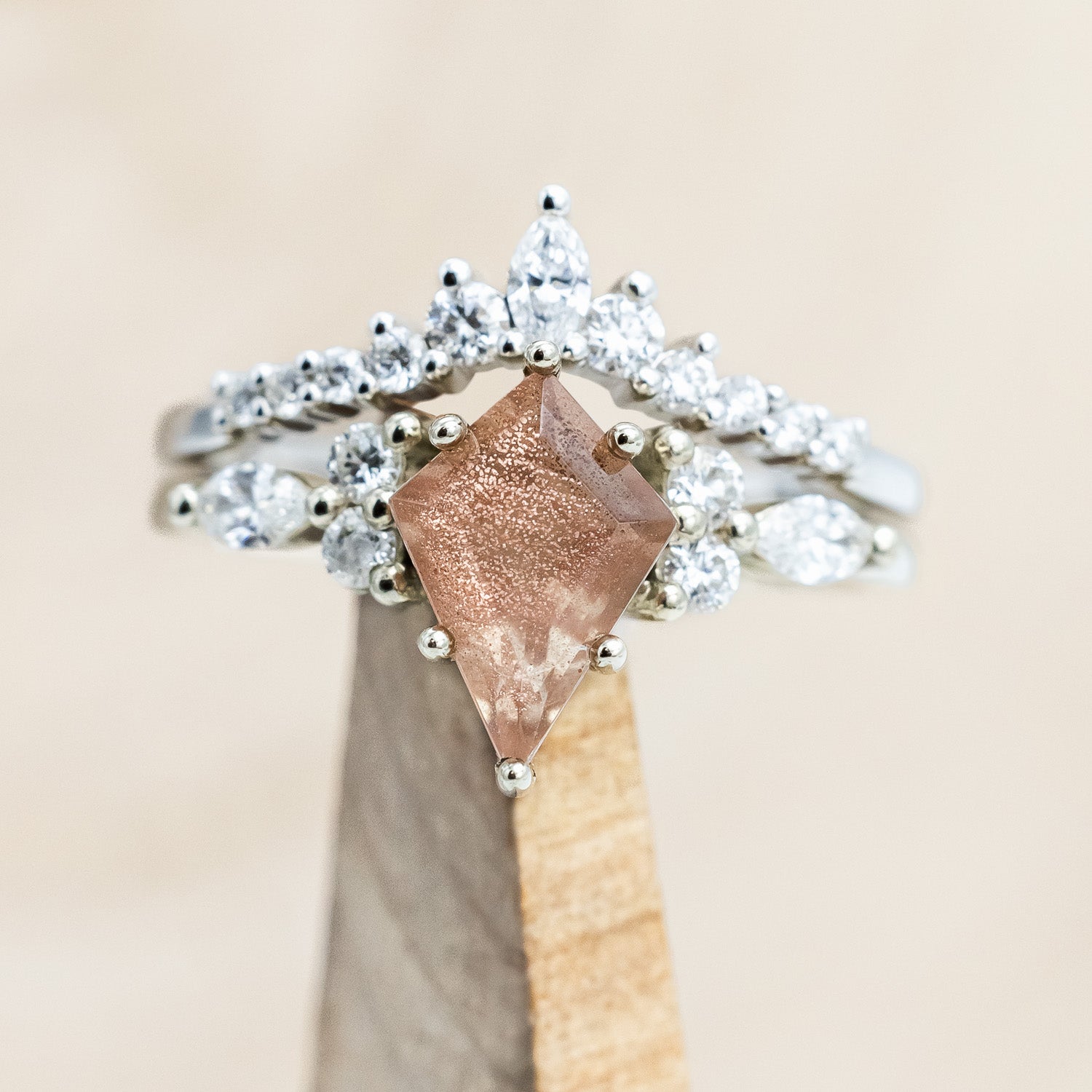 ONE-OF-A-KIND - "SAGE" - KITE CUT OREGON SUNSTONE ENGAGEMENT RING WITH DIAMOND ACCENTS & TRACER-Staghead Designs