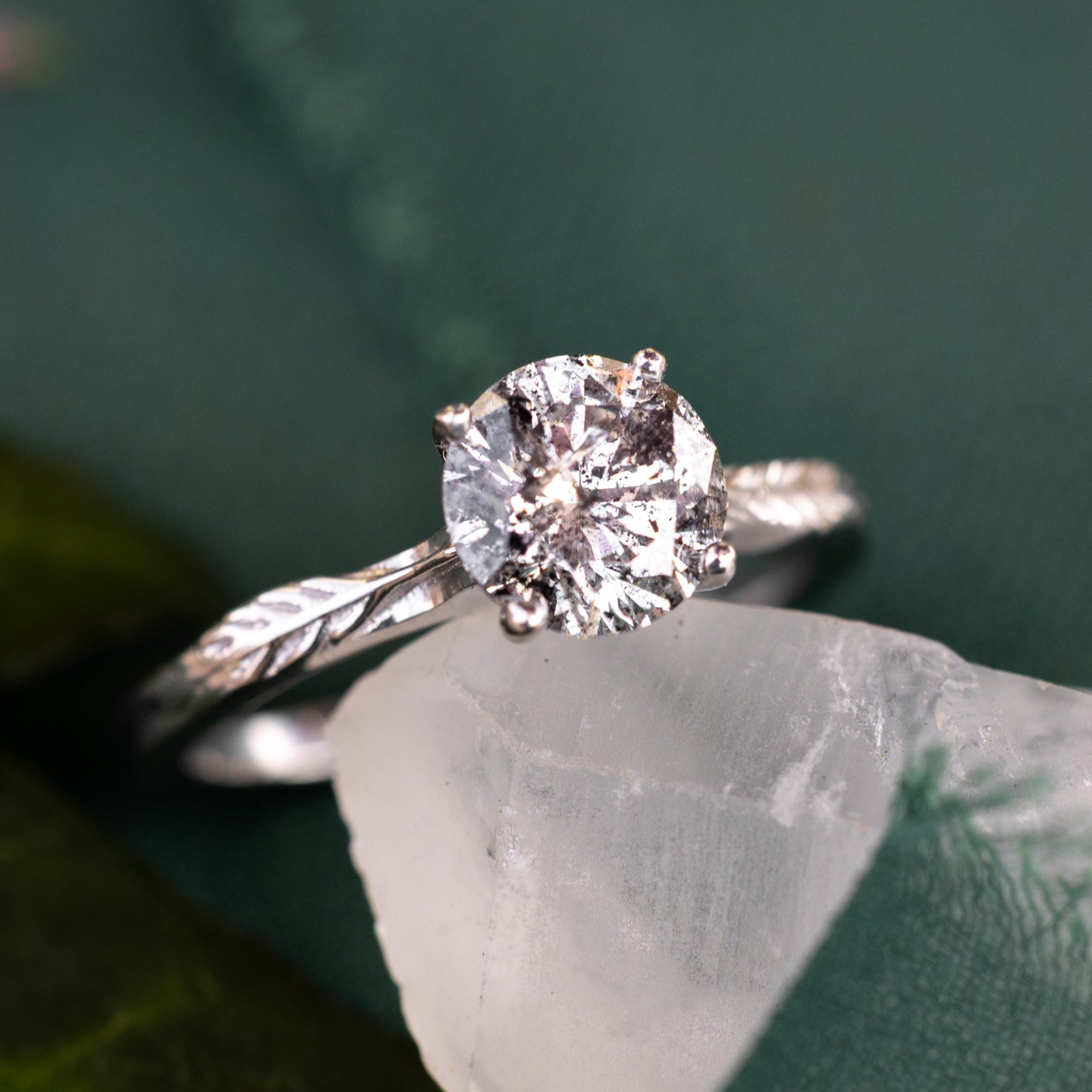 "Hope" - Round Cut Salt & Pepper Diamond Solitaire Engagement Ring With Feather Accents