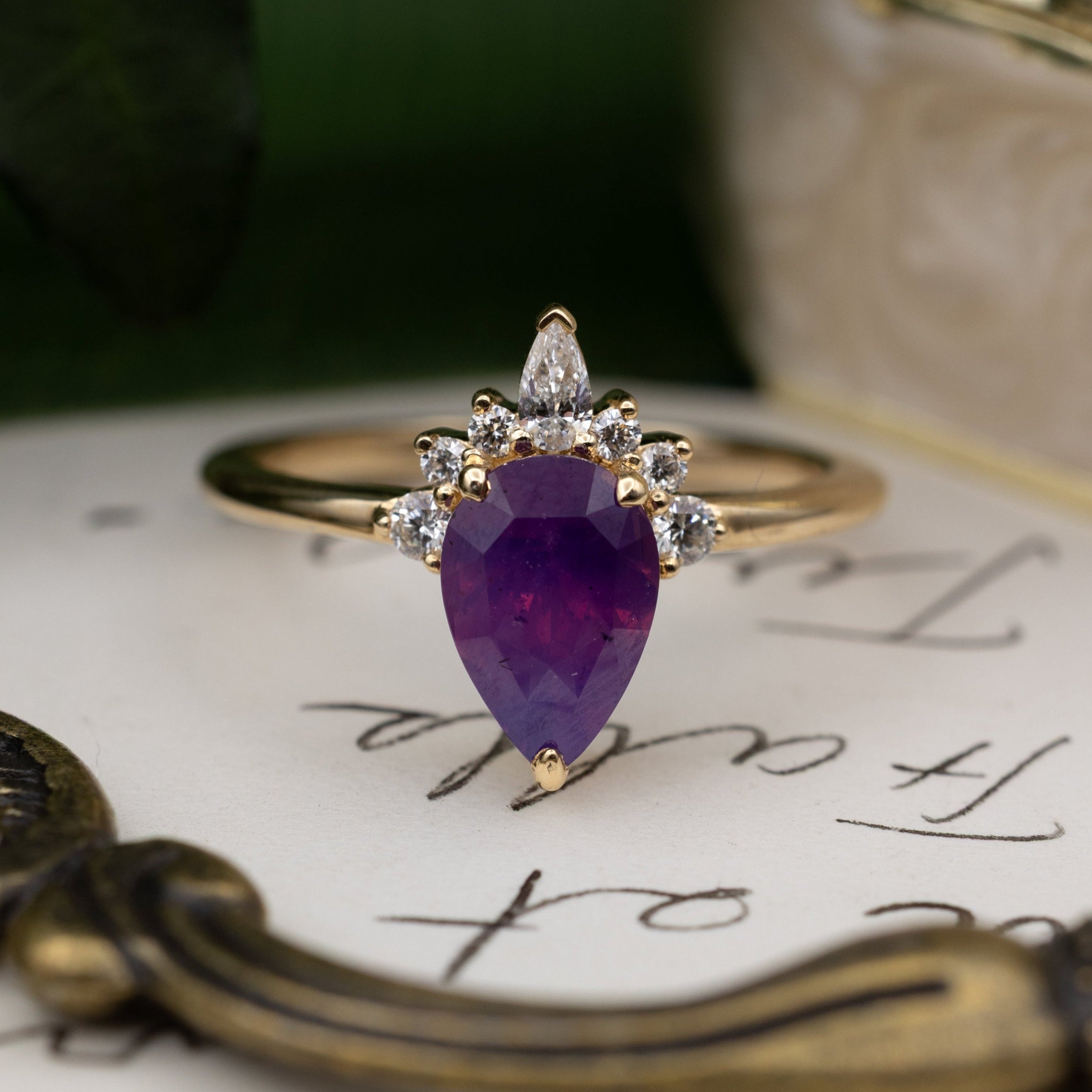 ONE-OF-A-KIND - "PHAEDRA" - PEAR BRILLIANT CUT SRI LANKA SAPPHIRE ENGAGEMENT RING WITH DIAMOND ACCENTS-Staghead Designs