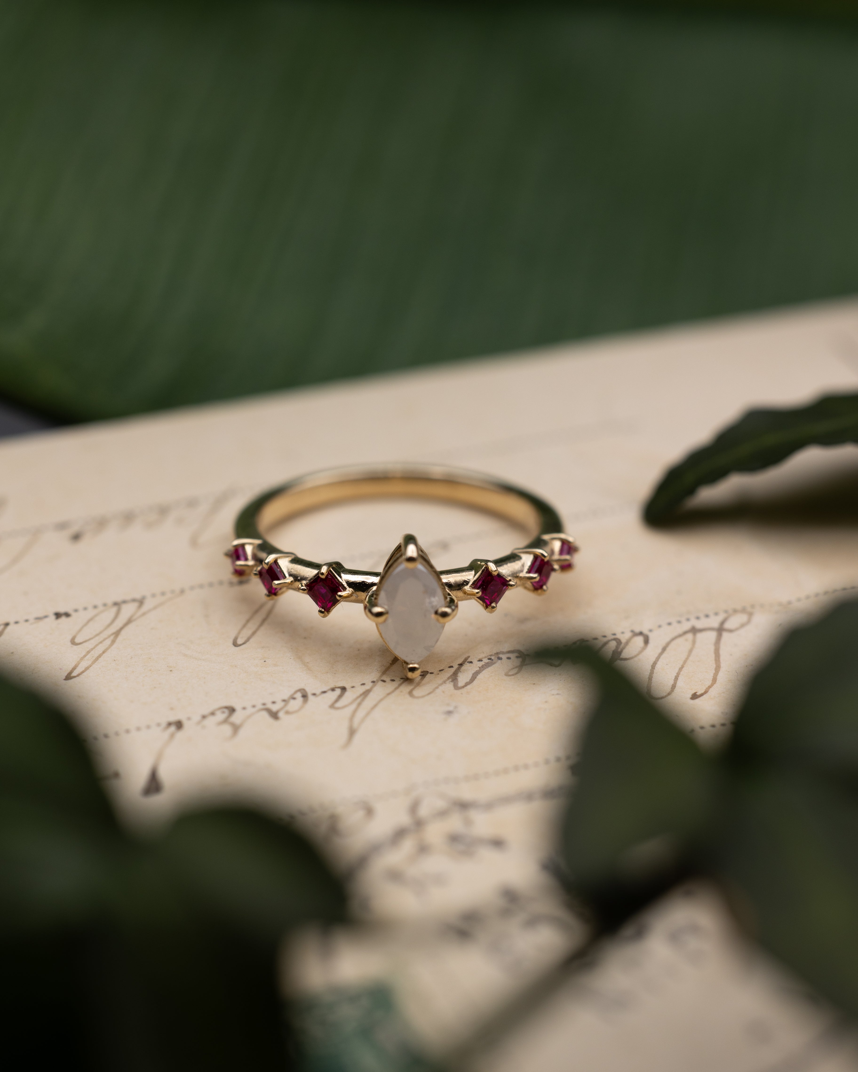 Yellow gold ring with salt & pepper diamond center stone and ruby accents on a vintage letter against a blurred green background