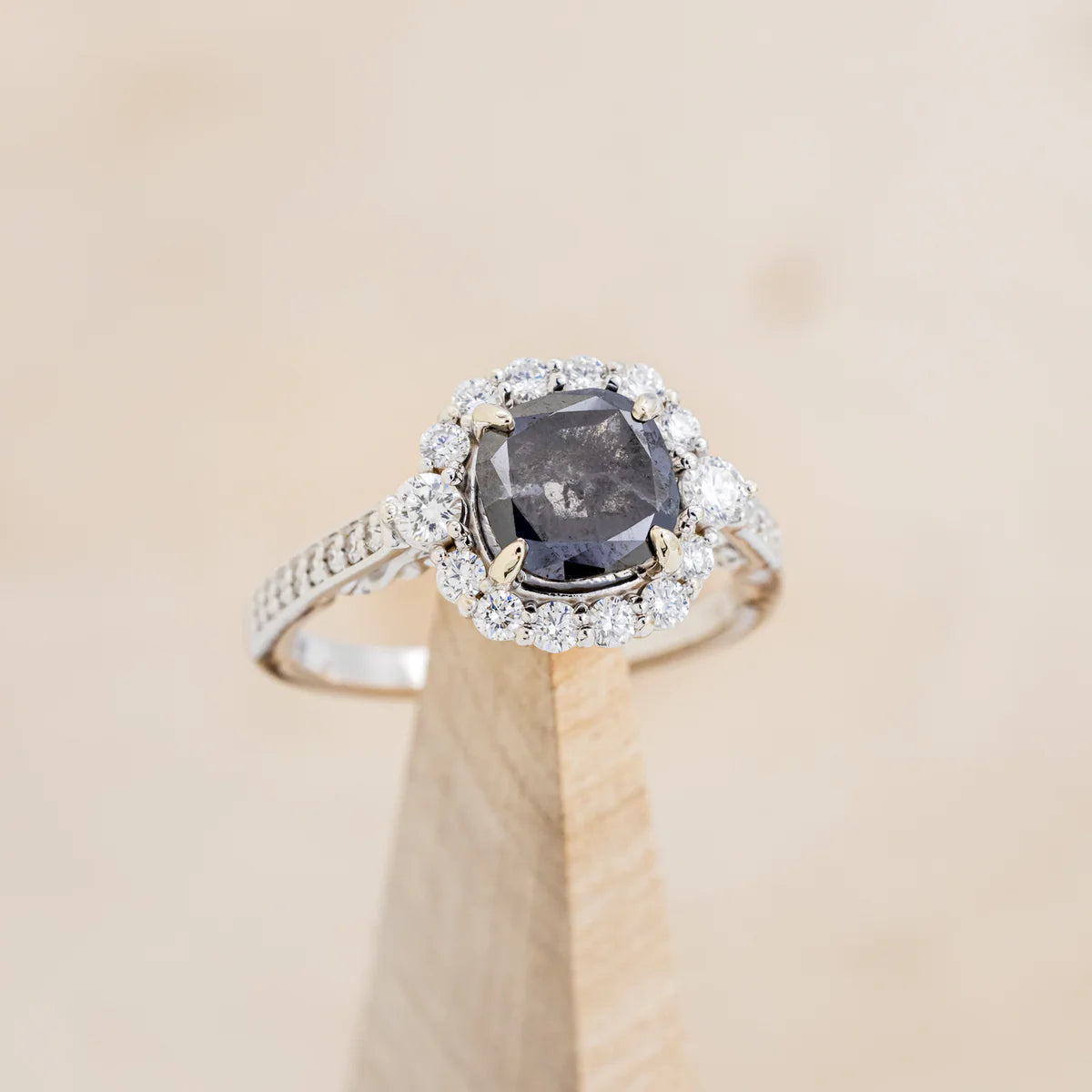 "OPHELIA" - CUSHION CUT SALT & PEPPER DIAMOND ENGAGEMENT RING WITH DIAMOND HALO & ACCENTS - 14K WHITE GOLD - SIZE 7 1/2-Staghead Designs