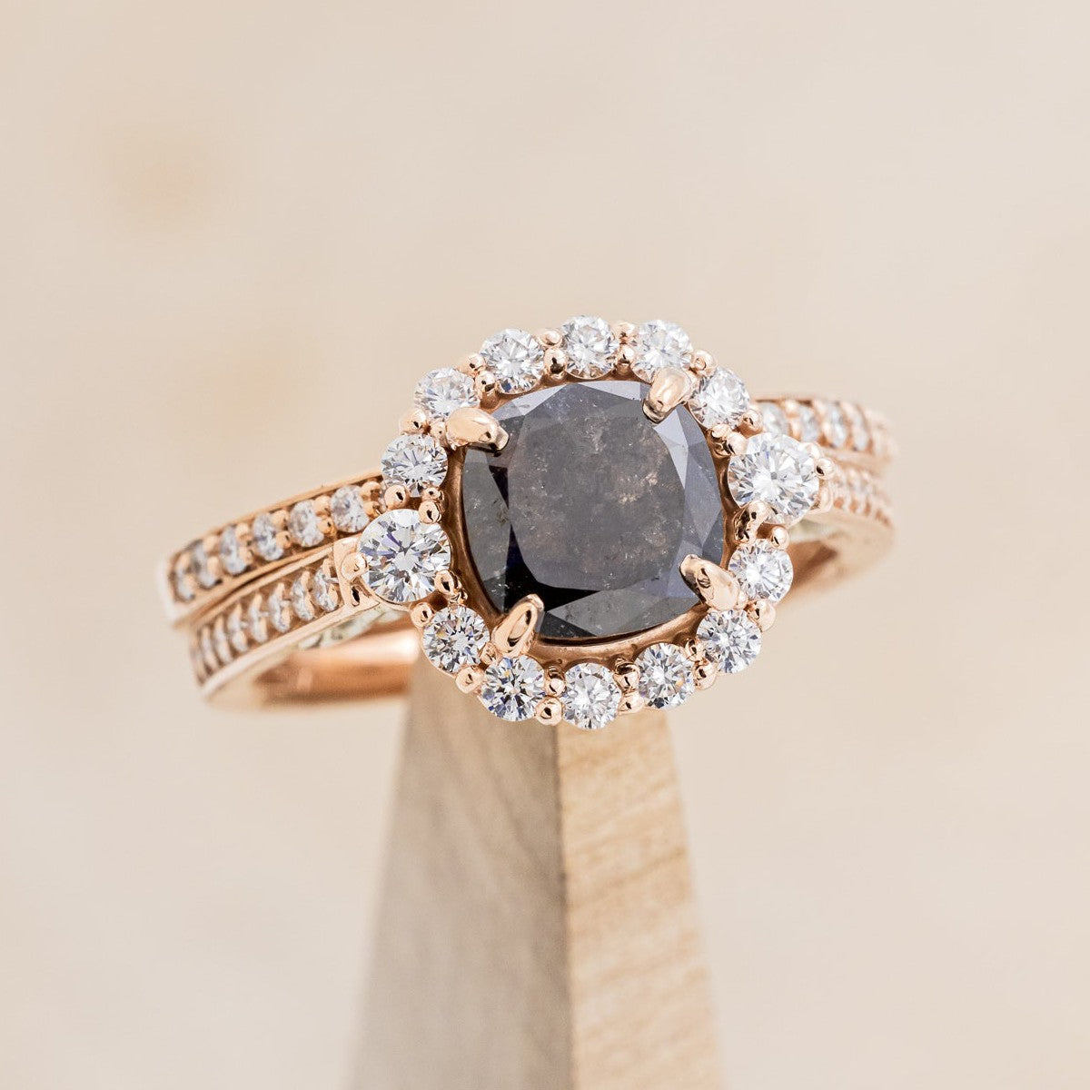 "OPHELIA" - CUSHION CUT SALT & PEPPER DIAMOND ENGAGEMENT RING WITH "STELLA" STACKING BAND-1