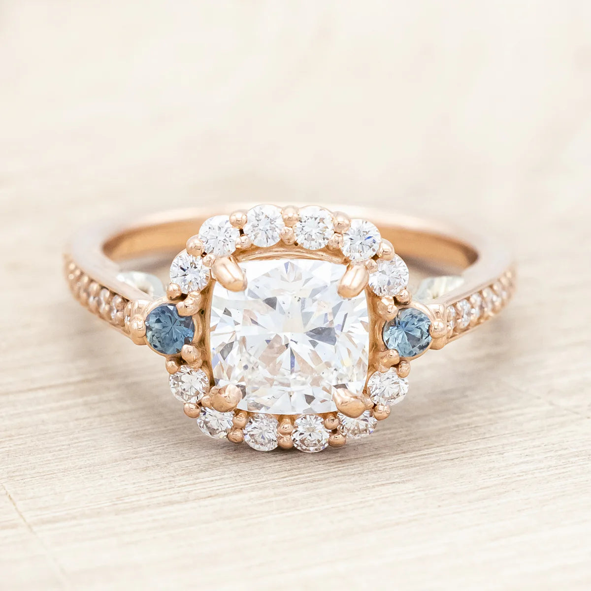"Ophelia" - Cushion Cut Lab-Grown Diamond Engagement Ring With A Diamond & Montana Sapphire Halo - 14K Rose Gold - Size 7