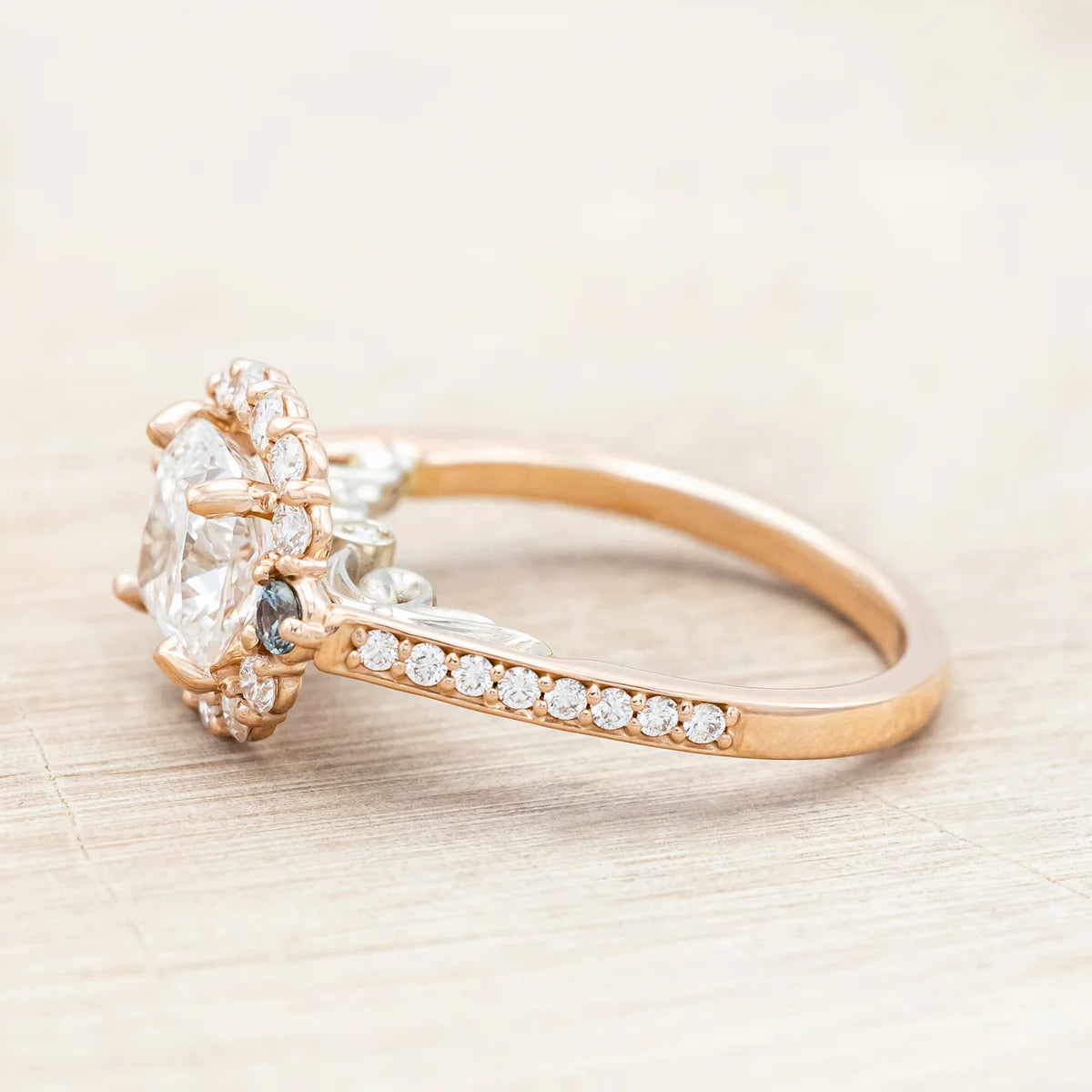 "Ophelia" - Cushion Cut Lab-Grown Diamond Engagement Ring With A Diamond & Montana Sapphire Halo - 14K Rose Gold - Size 7