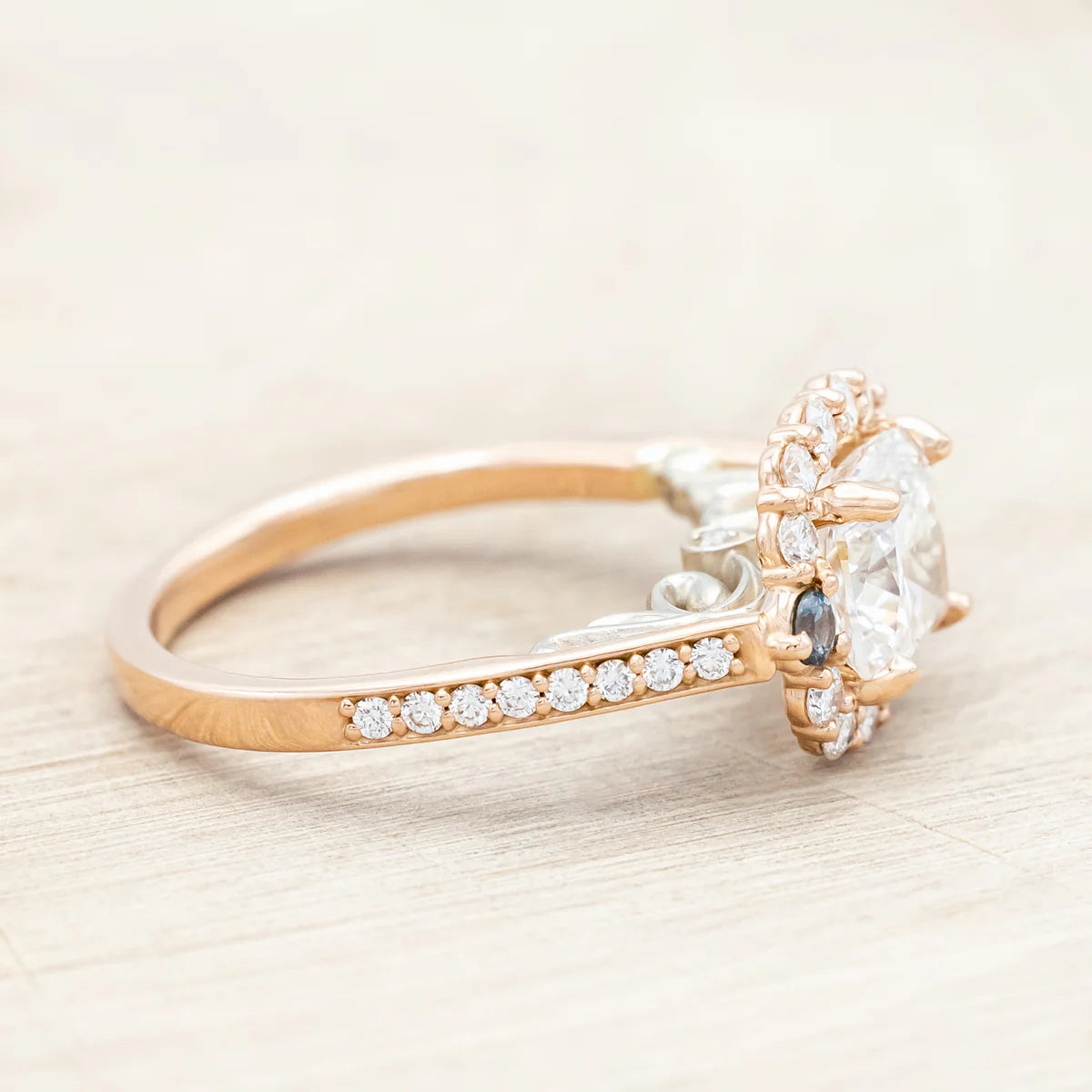 "Ophelia" - Cushion Cut Lab-Grown Diamond Engagement Ring With A Diamond & Montana Sapphire Halo - 14K Rose Gold - Size 7