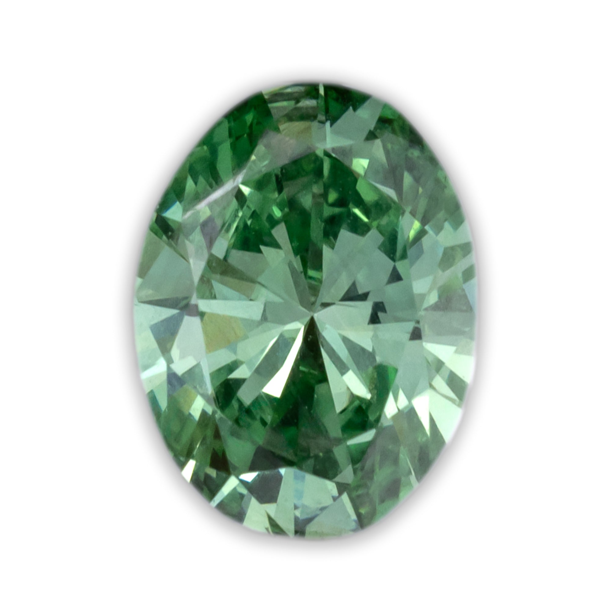 A sing oval green lab diamond on a white background