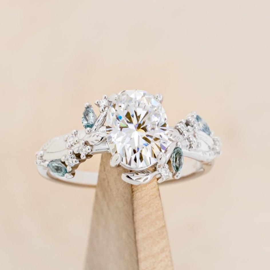 "PALLAS" - OVAL CUT MOISSANITE ENGAGEMENT RING WITH LEAF & GREEN TOURMALINE ACCENTS-Staghead Designs
