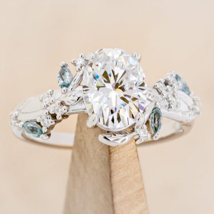 "PALLAS" - OVAL CUT MOISSANITE ENGAGEMENT RING WITH LEAF & GREEN TOURMALINE ACCENTS-Staghead Designs