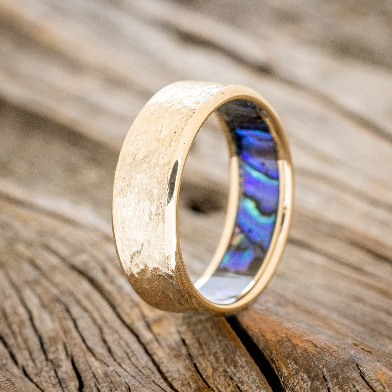 PAUA SHELL LINED WEDDING RING FEATURING A HAMMERED 14K GOLD BAND-1