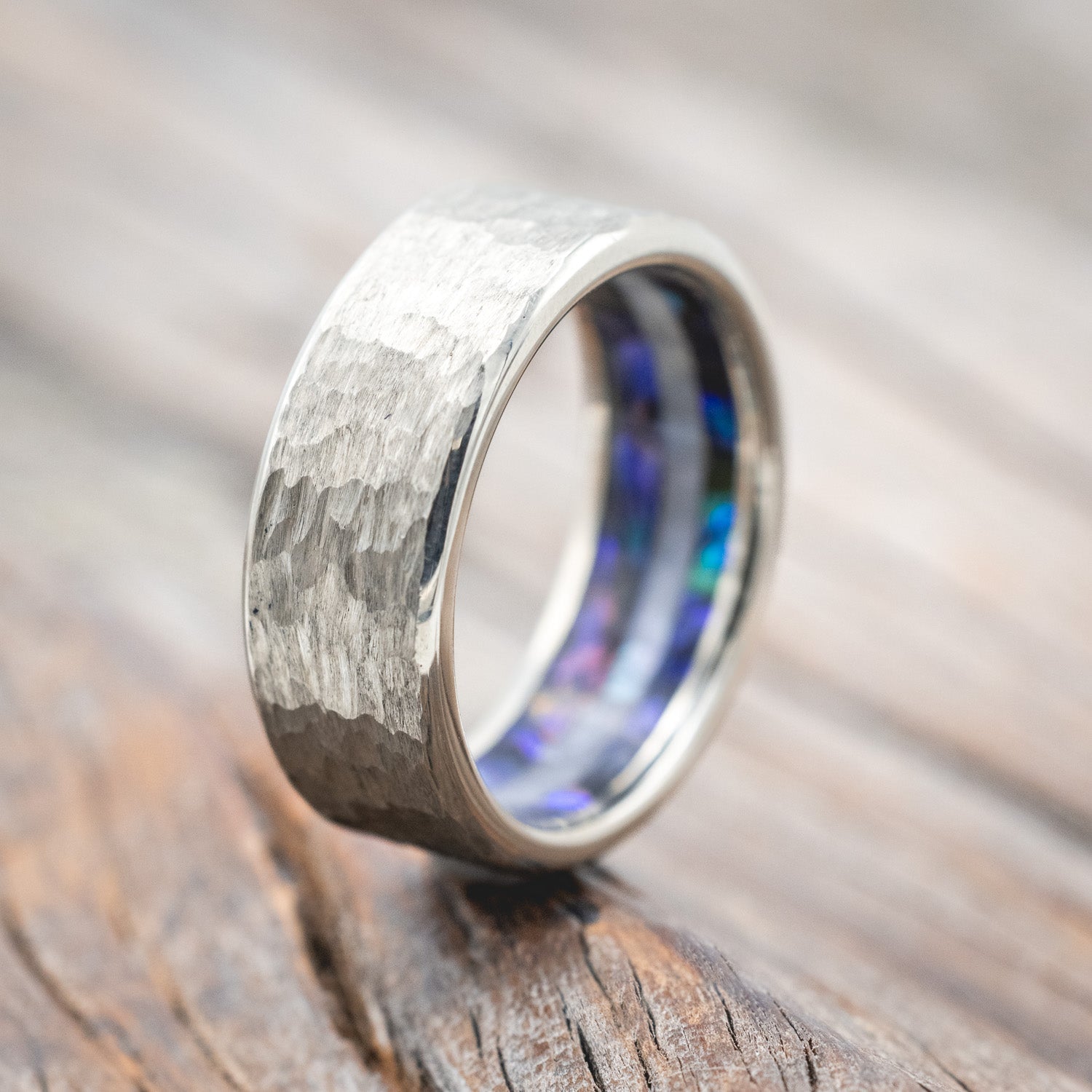 PAUA SHELL & MOTHER OF PEARL LINED WEDDING RING FEATURING A HAMMERED FINISH-Staghead Designs