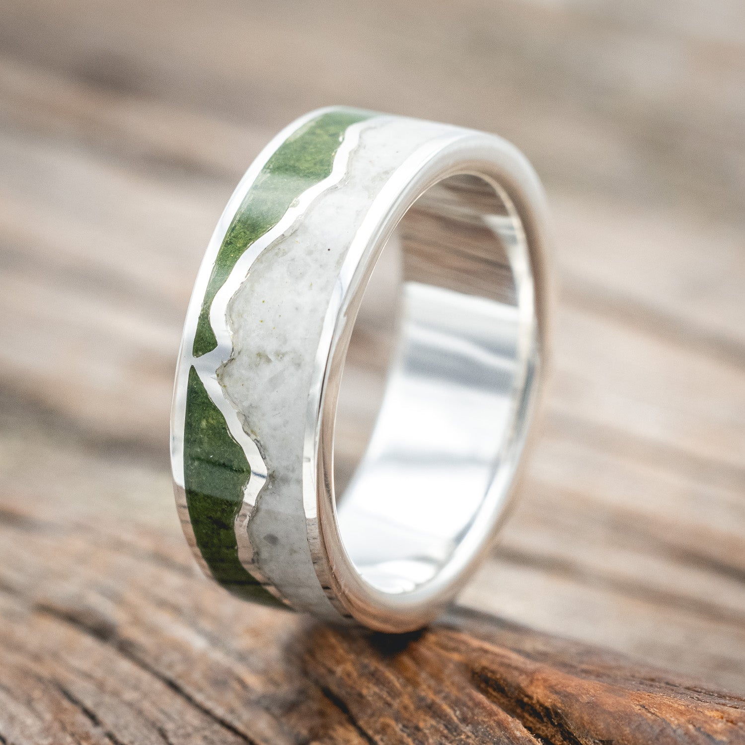 "PEAK" - MOSS & GRANITE INLAY WITH MOUNTAIN RANGE WEDDING BAND-Staghead Designs
