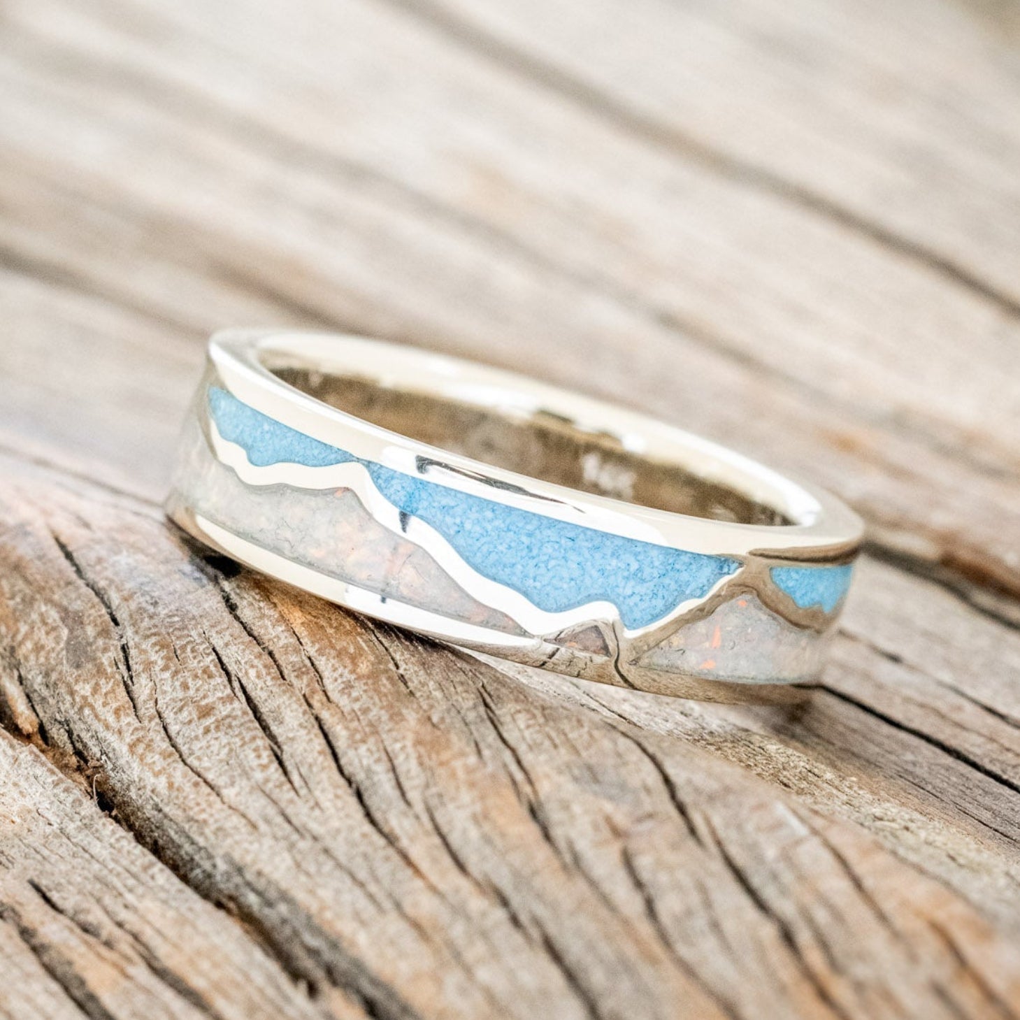 "PEAK" - WHITE OPAL & TURQUOISE INLAY WITH SILVER MOUNTAIN RANGE WEDDING BAND-1