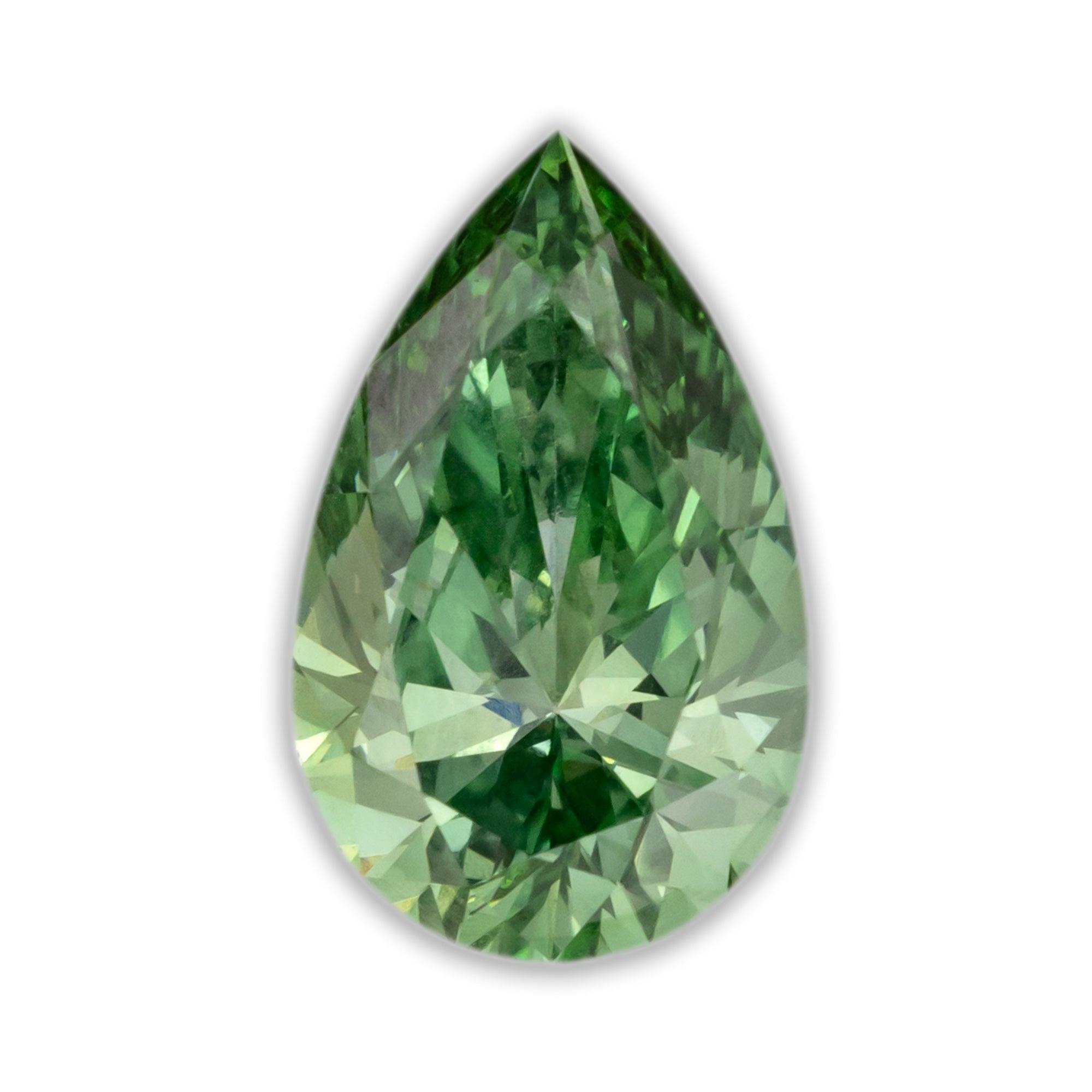 Pear cut green lab diamond on a white background