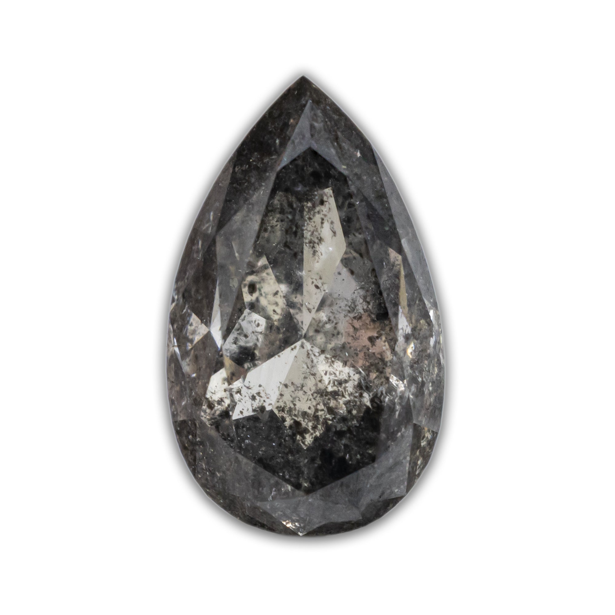 Pear cut salt & pepper diamond with galaxy-like black inclusions on a white background