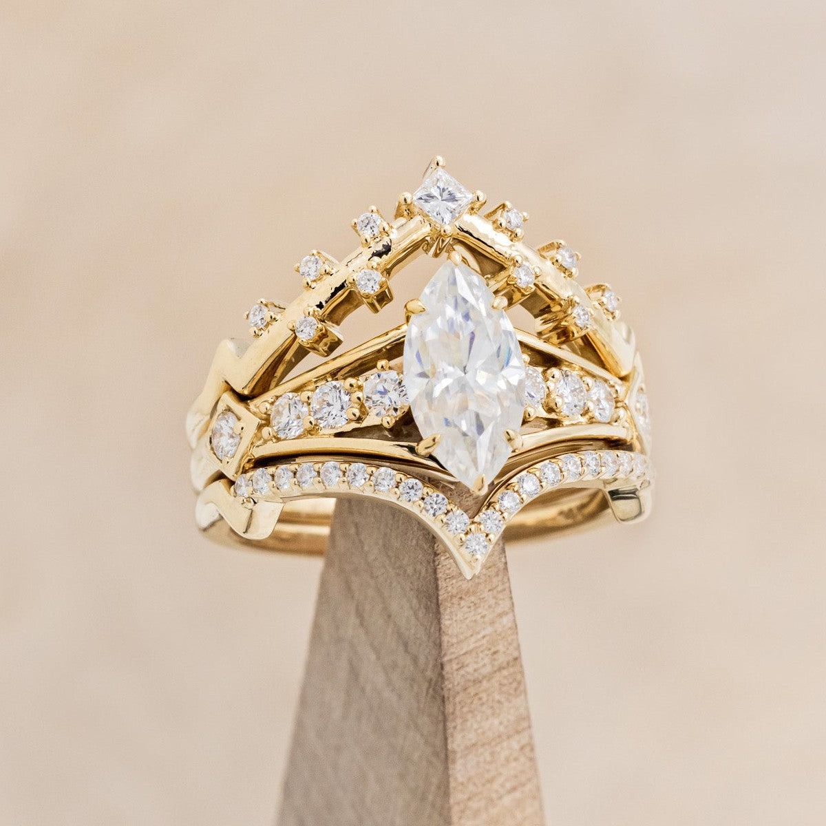 "PERSEPHONE" - BRIDAL SUITE - MARQUISE-CUT MOISSANITE ENGAGEMENT RING WITH DIAMOND ACCENTS & TWO DIAMOND TRACERS-1