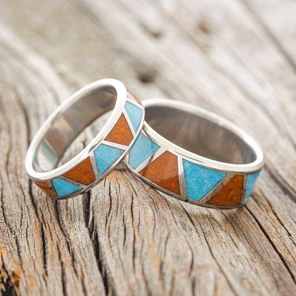 "POWELL" - MATCHING SET OF TERRACOTTA & TURQUOISE WEDDING BANDS-1