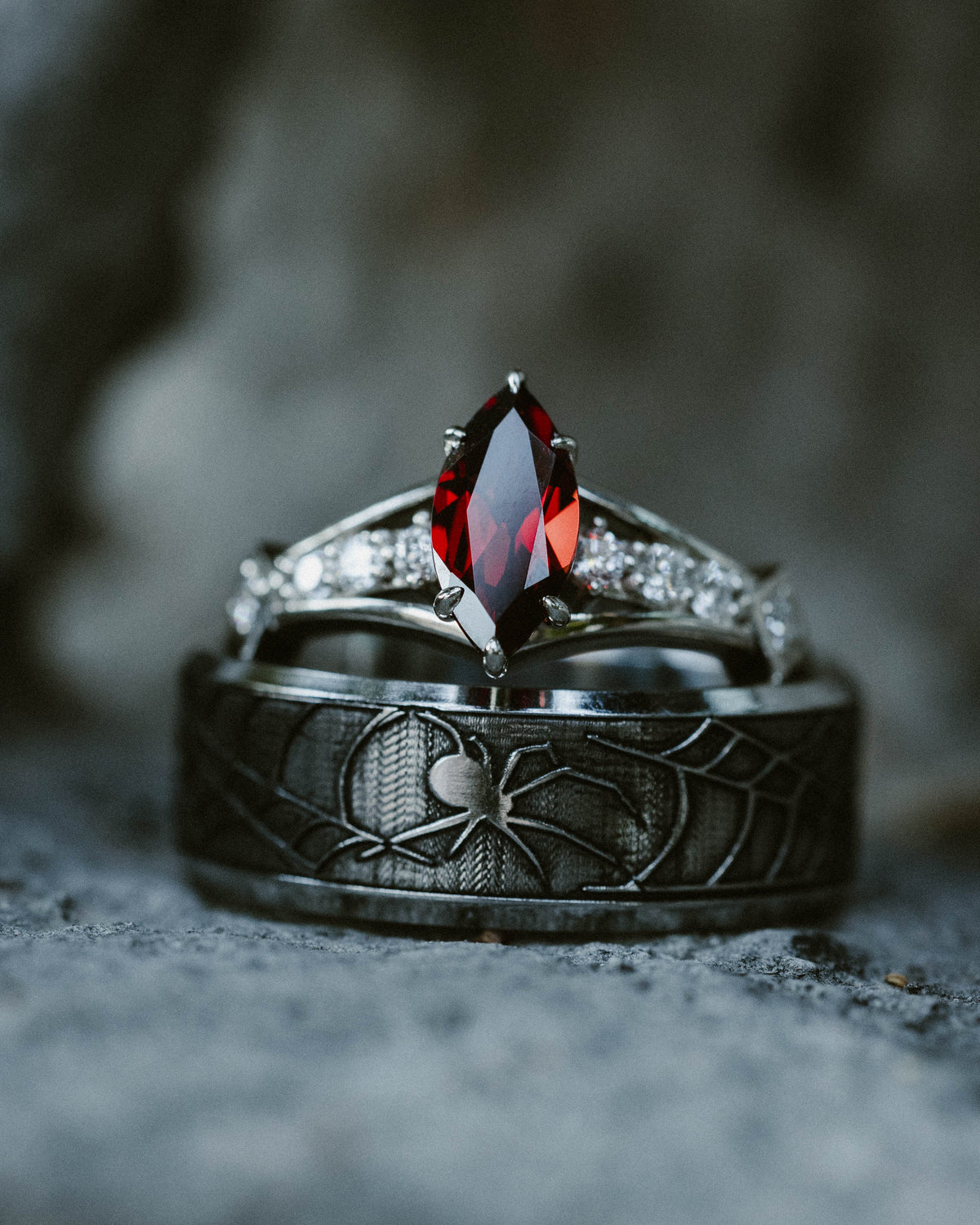 "PERSEPHONE" - BRIDAL SUITE - MARQUISE-CUT MOZAMBIQUE GARNET ENGAGEMENT RING WITH DIAMOND ACCENTS & TWO DIAMOND TRACERS-Staghead Designs