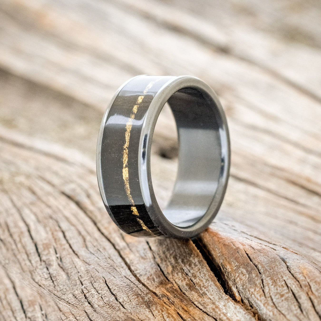 "RAINIER" - AFRICAN BLACK WOOD & GOLD NUGGETS WEDDING RING-1