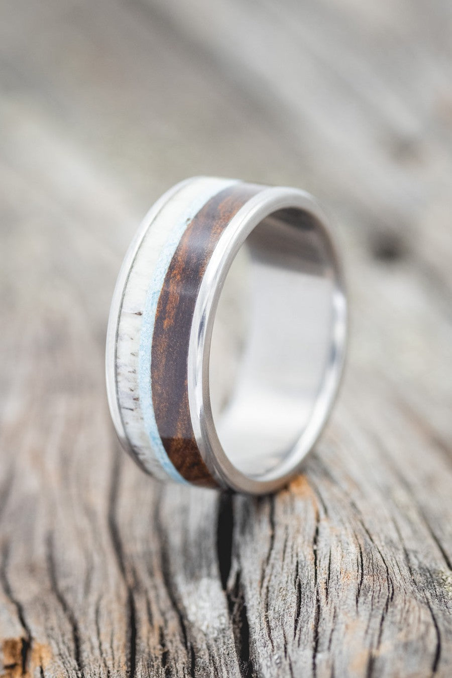 "RAINIER" - ANTLER, IRONWOOD & TURQUOISE WEDDING BAND-1