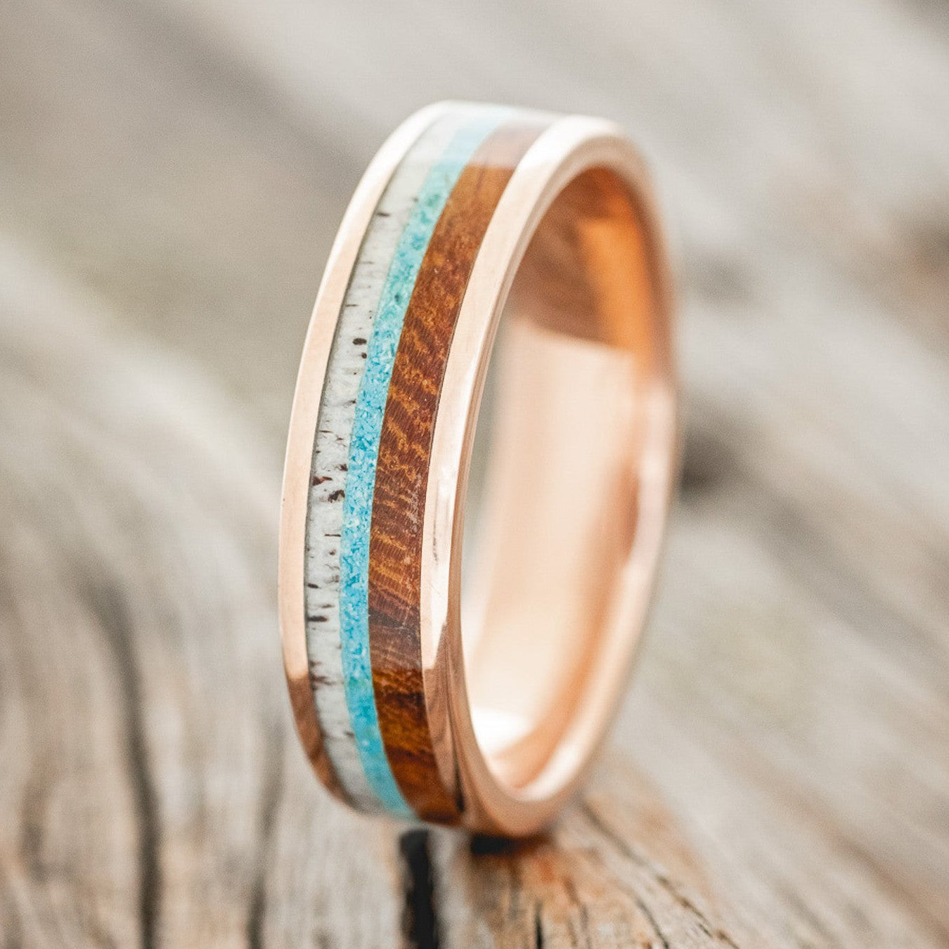 "RAINIER" - ANTLER, IRONWOOD & TURQUOISE WEDDING RING FEATURING A 14K GOLD BAND-1