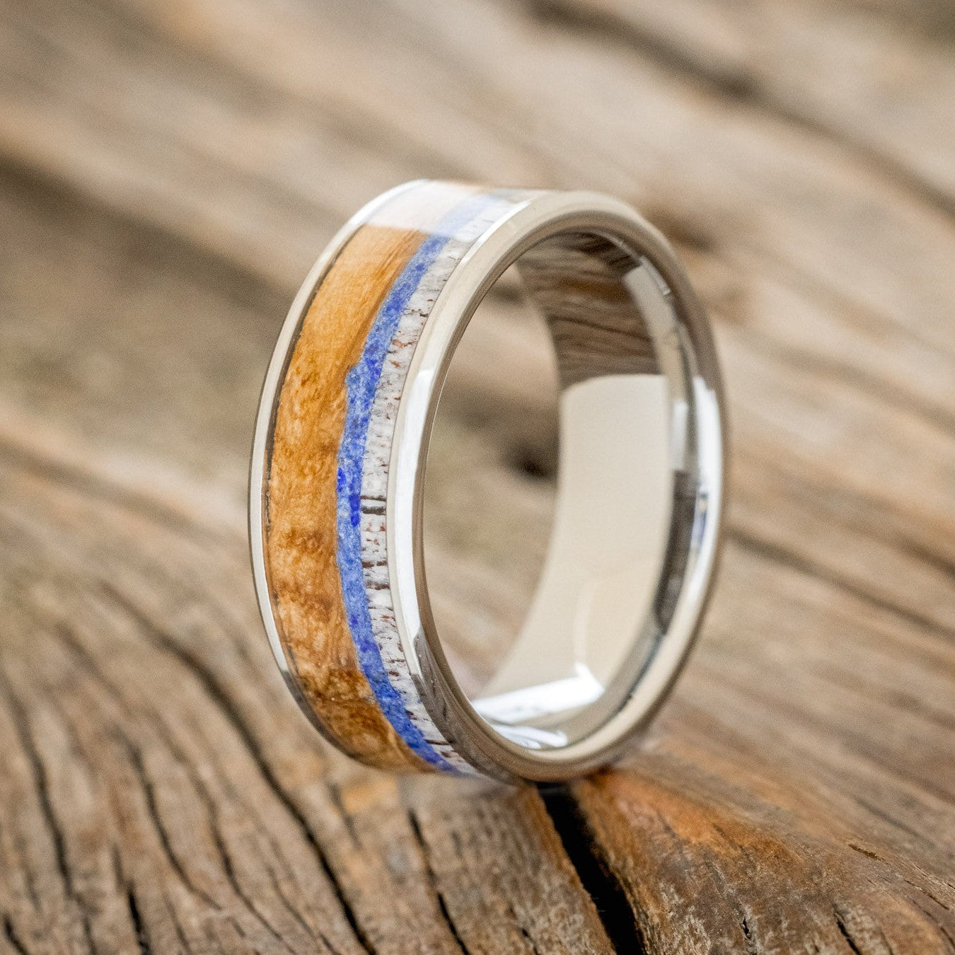 "RAINIER" - ANTLER, LAPIS LAZULI & WHISKEY BARREL OAK WEDDING BAND-1
