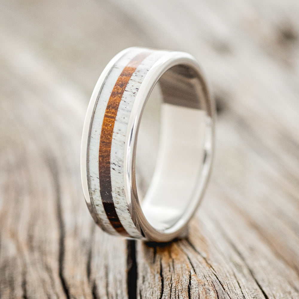 "RAINIER" - ANTLER & OFFSET IRONWOOD INLAY WEDDING BAND - READY TO SHIP-1