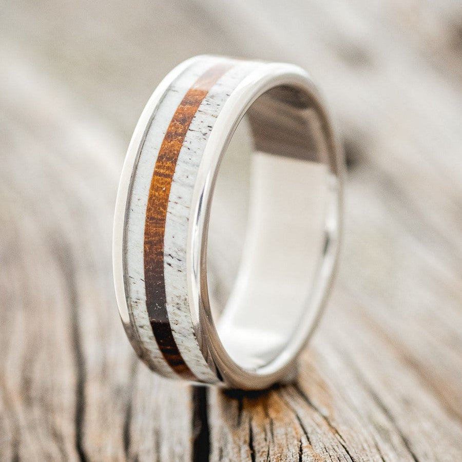 "RAINIER" - ANTLER & OFFSET IRONWOOD INLAY WEDDING BAND-1