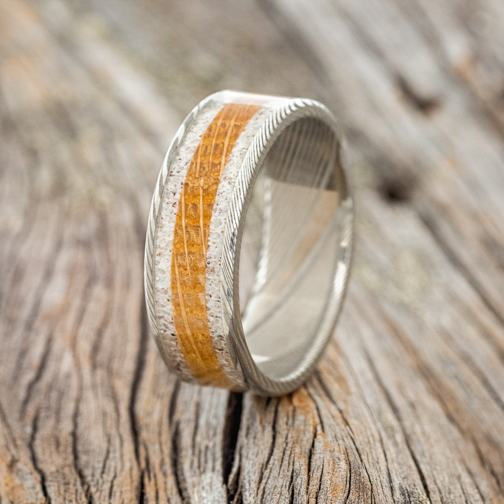 "RAINIER" - ANTLER & WHISKEY BARREL OAK WEDDING BAND - READY TO SHIP-1
