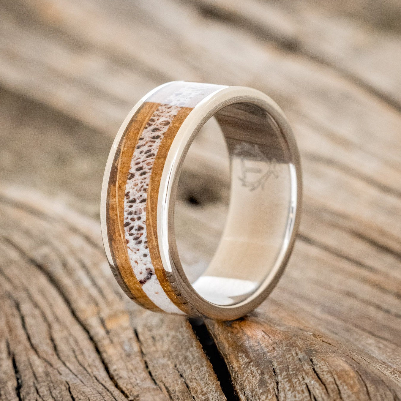 "RAINIER" - ANTLER & WHISKEY BARREL OAK WEDDING RING-1
