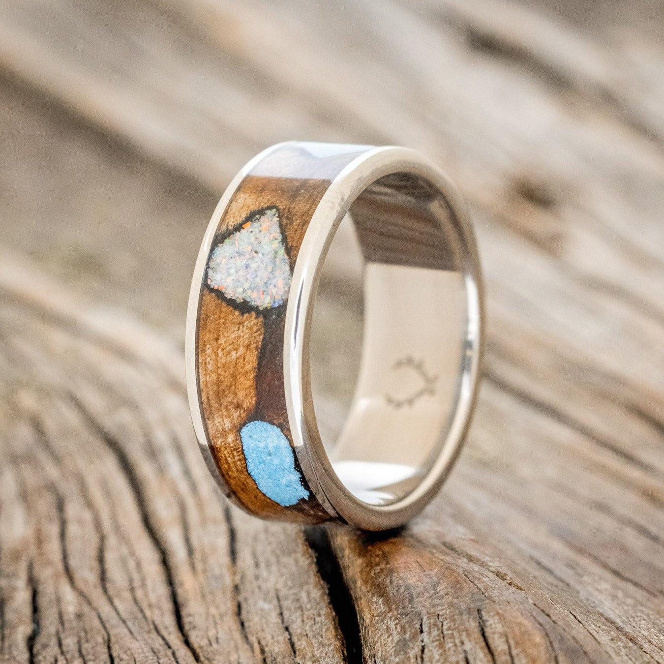 "RAINIER" - BUCKEYE BURL WOOD, OPAL & TURQUOISE WEDDING BAND-1