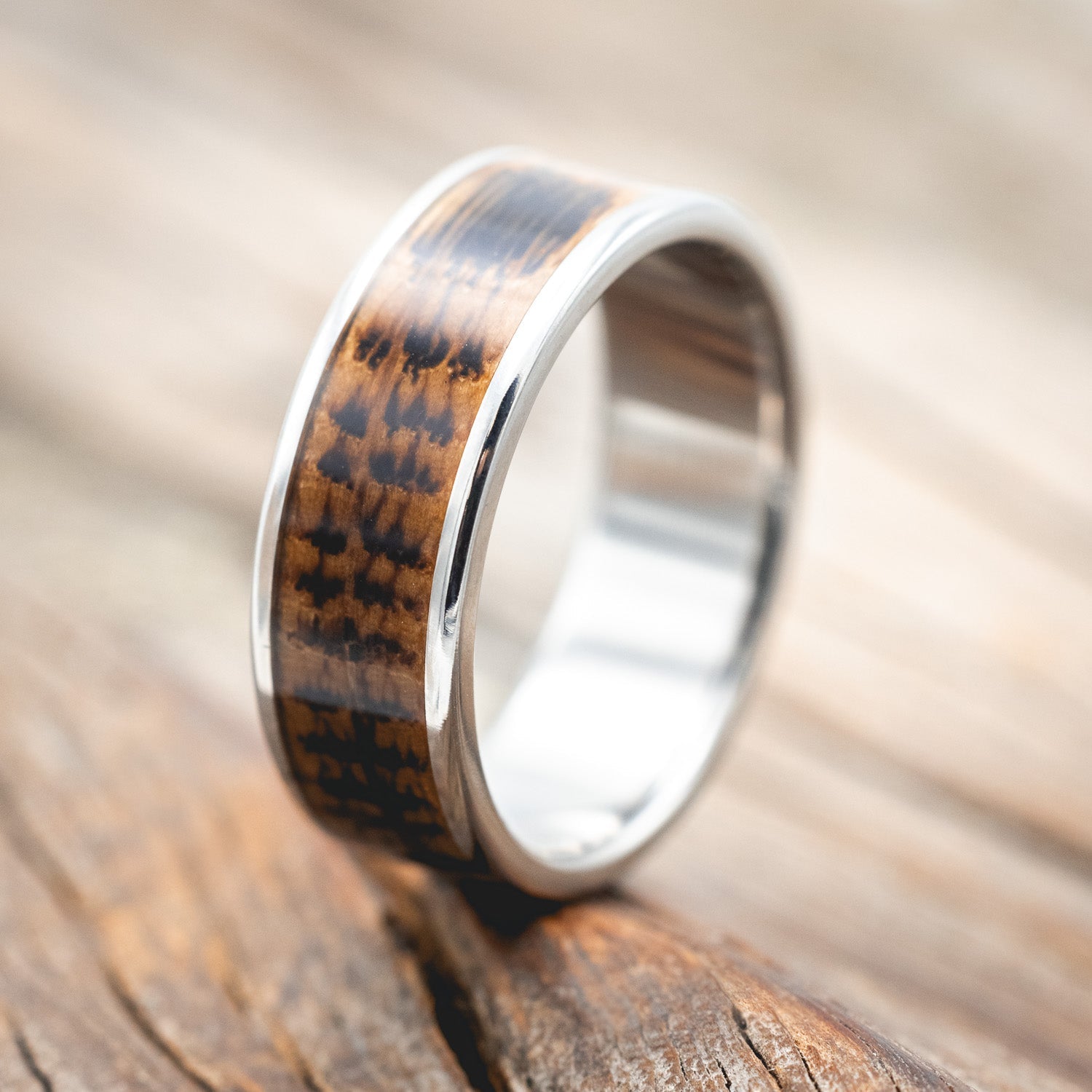 "RAINIER" - BURNT WHISKEY BARREL OAK WEDDING RING-Staghead Designs
