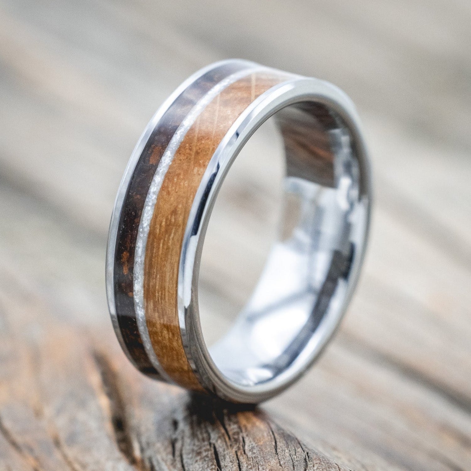 "RAINIER" - DIAMOND DUST, WHISKEY BARREL & COFFEE INLAY WEDDING BAND-Staghead Designs
