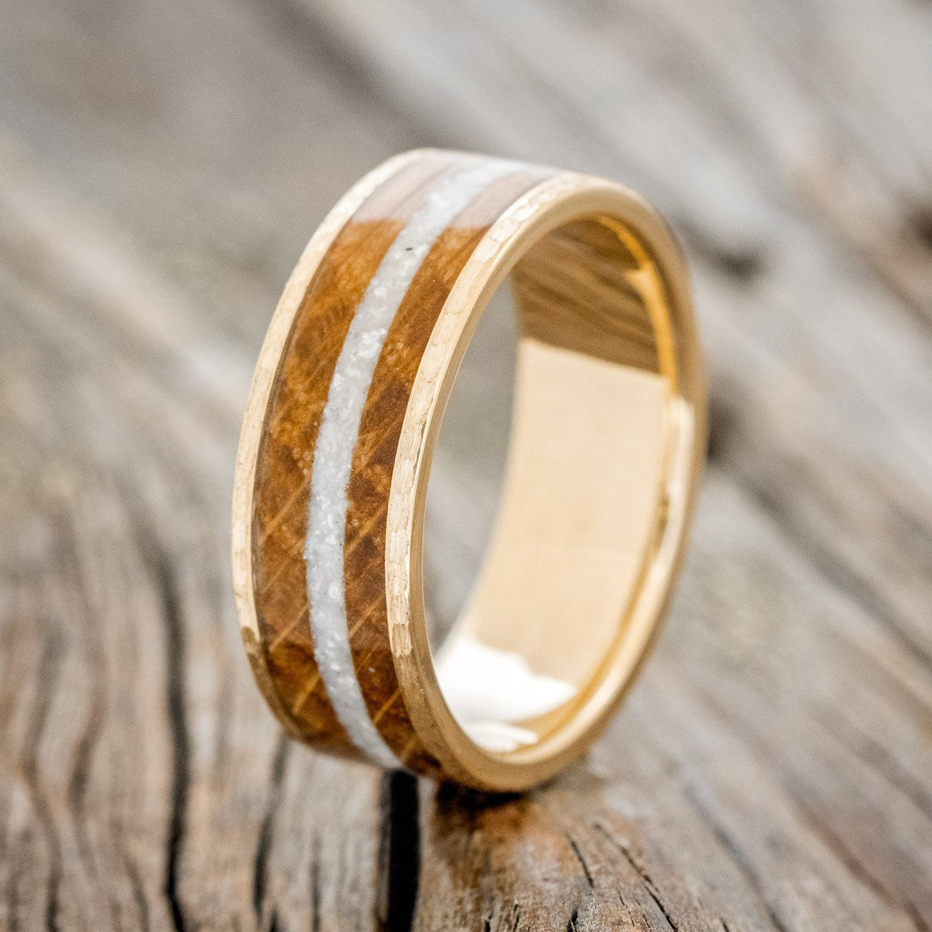 "RAINIER" - DIAMOND DUST & WHISKEY BARREL OAK WEDDING RING FEATURING A HAMMERED 14K GOLD BAND-1