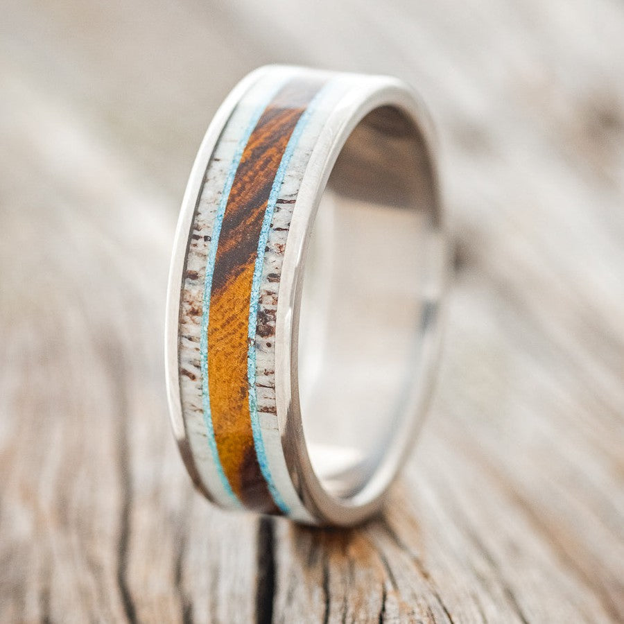 "RAINIER" - ELK ANTLER, TURQUOISE & IRONWOOD WEDDING RING-1