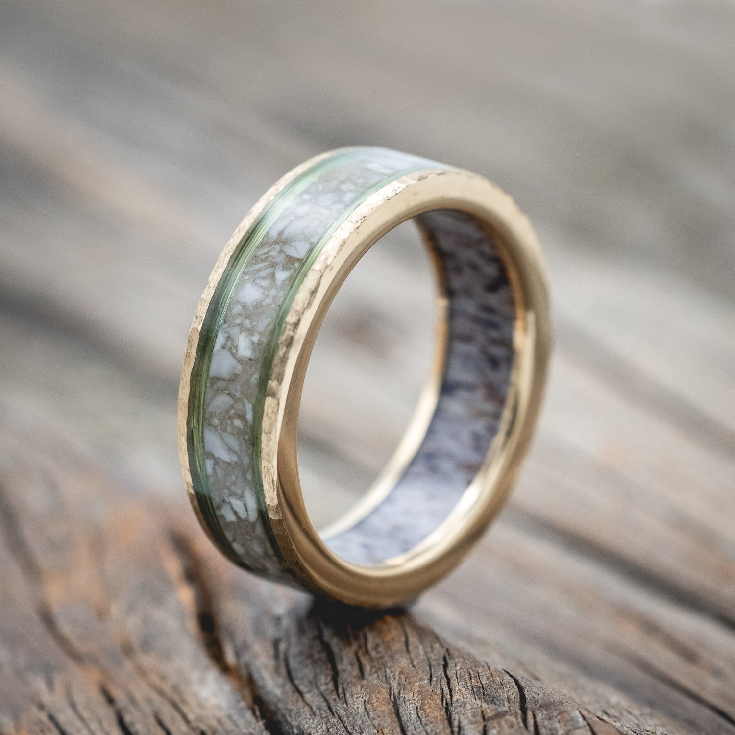 "RAINIER" - ELK IVORY & FISHING LINE WEDDING BAND WITH AN ANTLER LINING & A HAMMERED FINISH-Staghead Designs
