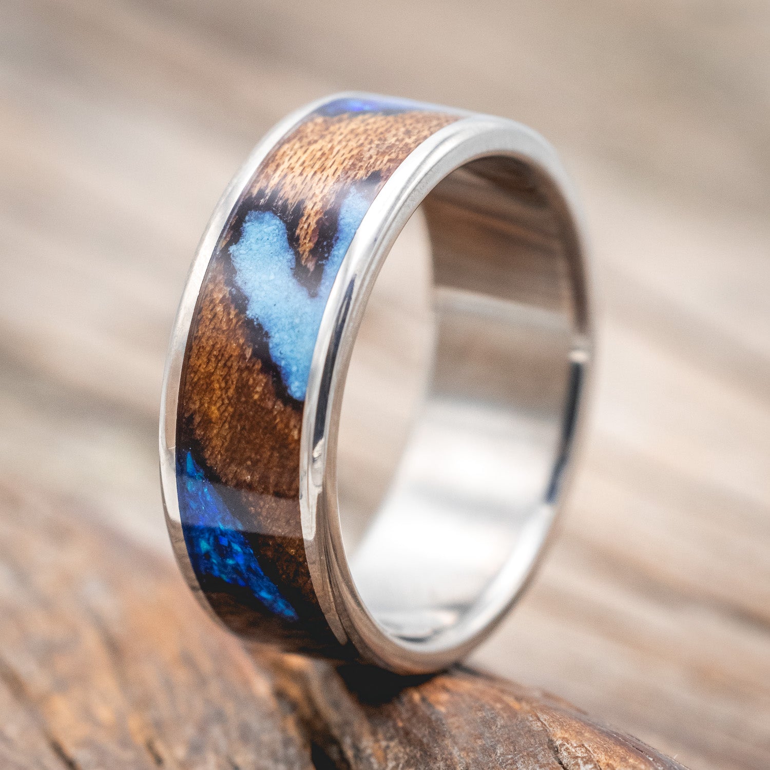 "RAINIER" - ELM BURL WOOD, BLUE OPAL & TURQUOISE WEDDING RING-Staghead Designs