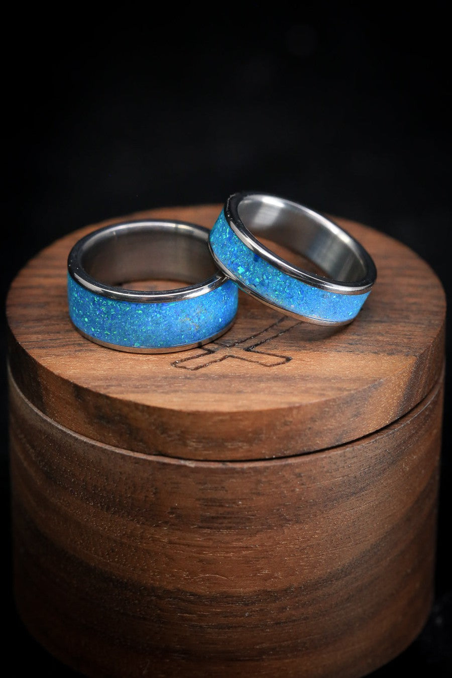 "RAINIER" - MATCHING SET OF BLUE OPAL WEDDING BANDS-1