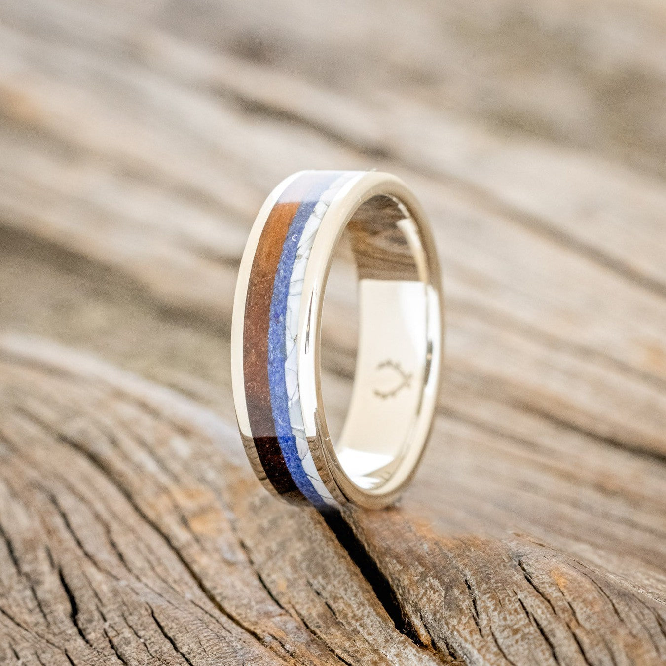 "RAINIER" - MOTHER OF PEARL, LAPIS LAZULI & KOA WOOD WEDDING BAND-1