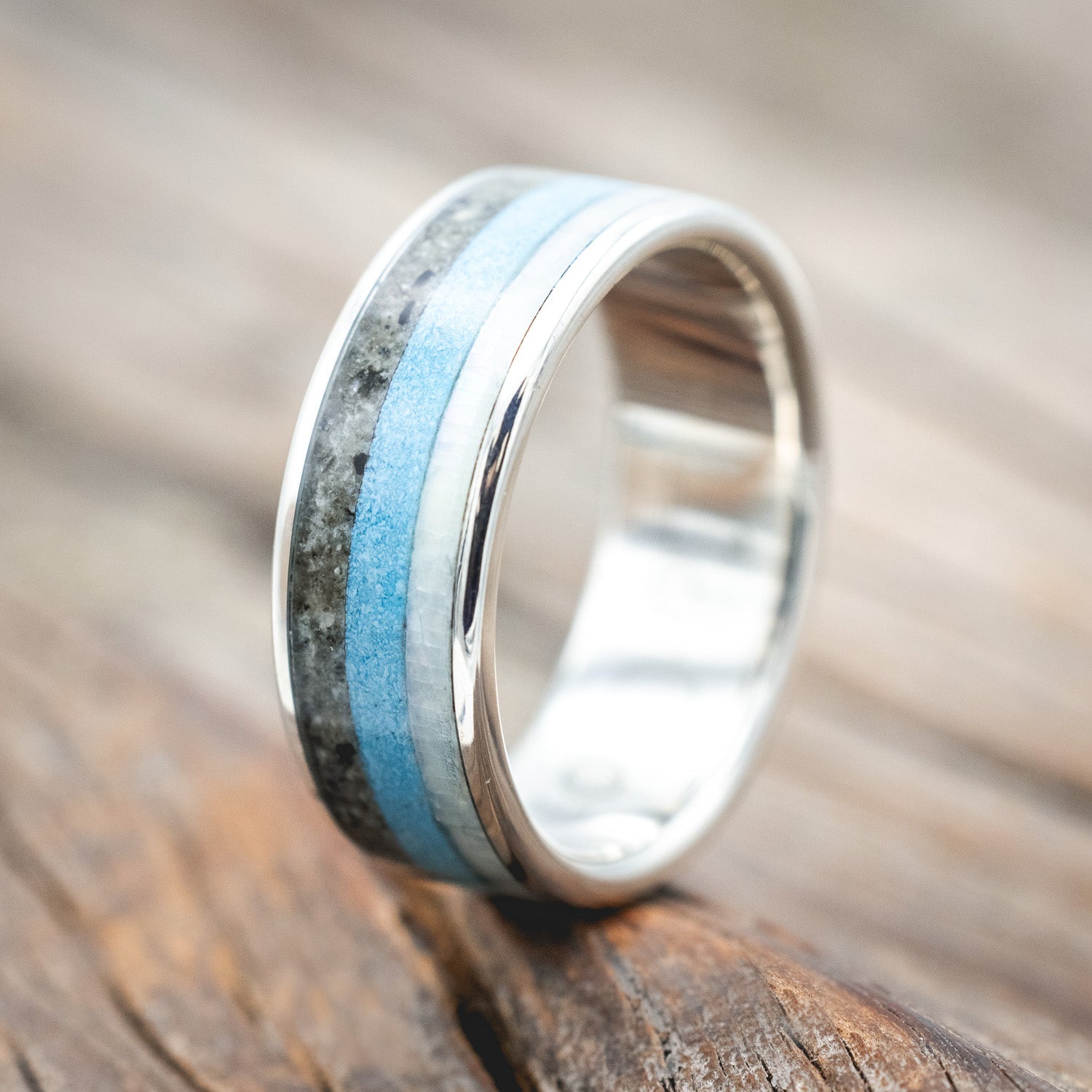 "RAINIER" - MOTHER OF PEARL, TURQUOISE & CRUSHED MOONSTONE WEDDING BAND-Staghead Designs