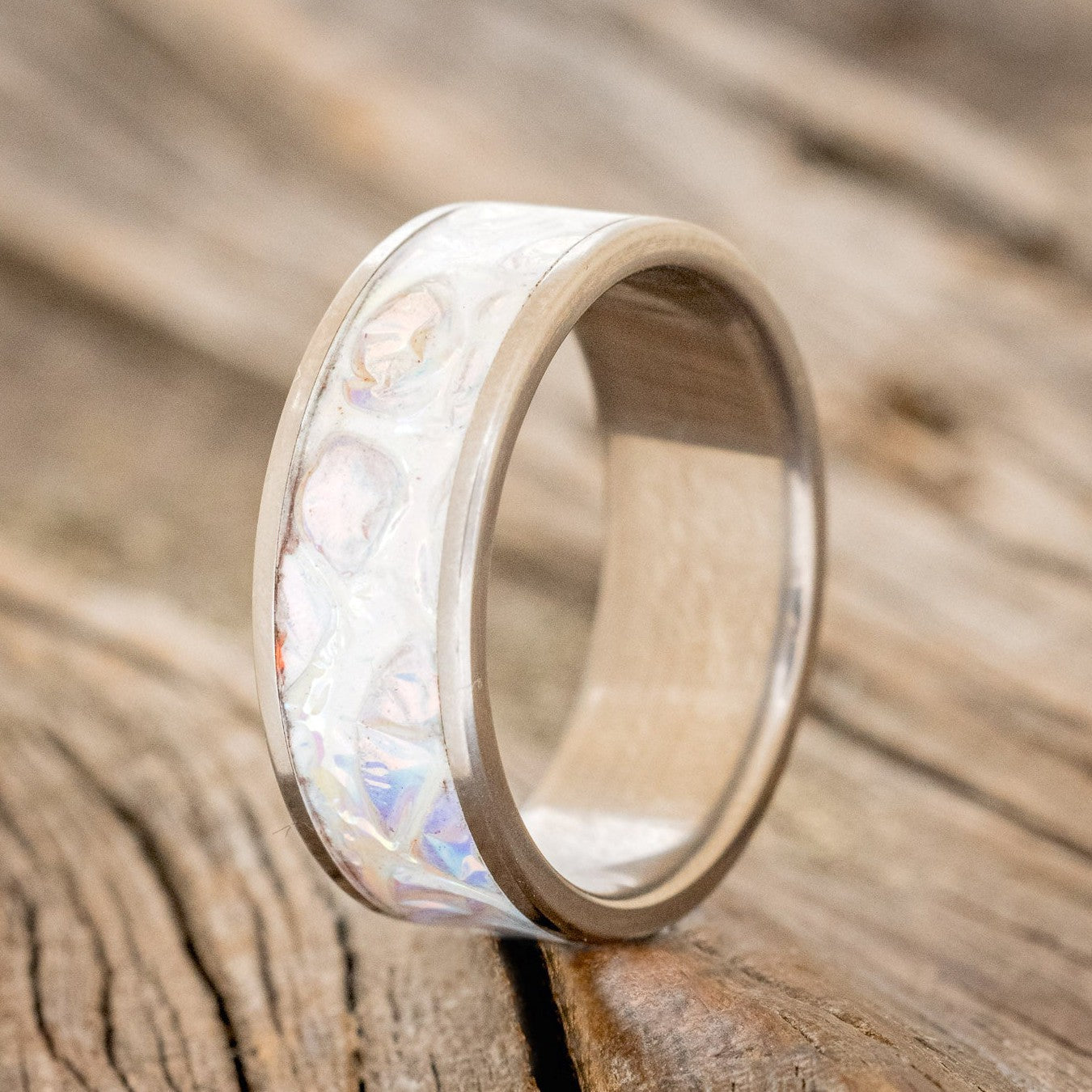 "RAINIER" - PEARL BURL DICHROLAM WEDDING BAND-1